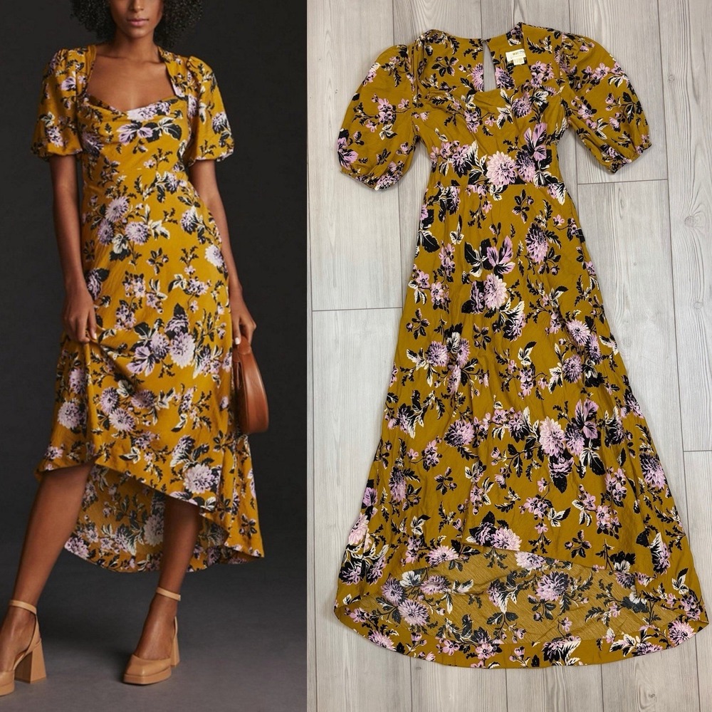 Anthropologie Maeve Puff Sleeve Midi‎ Dress in Gold Size 2